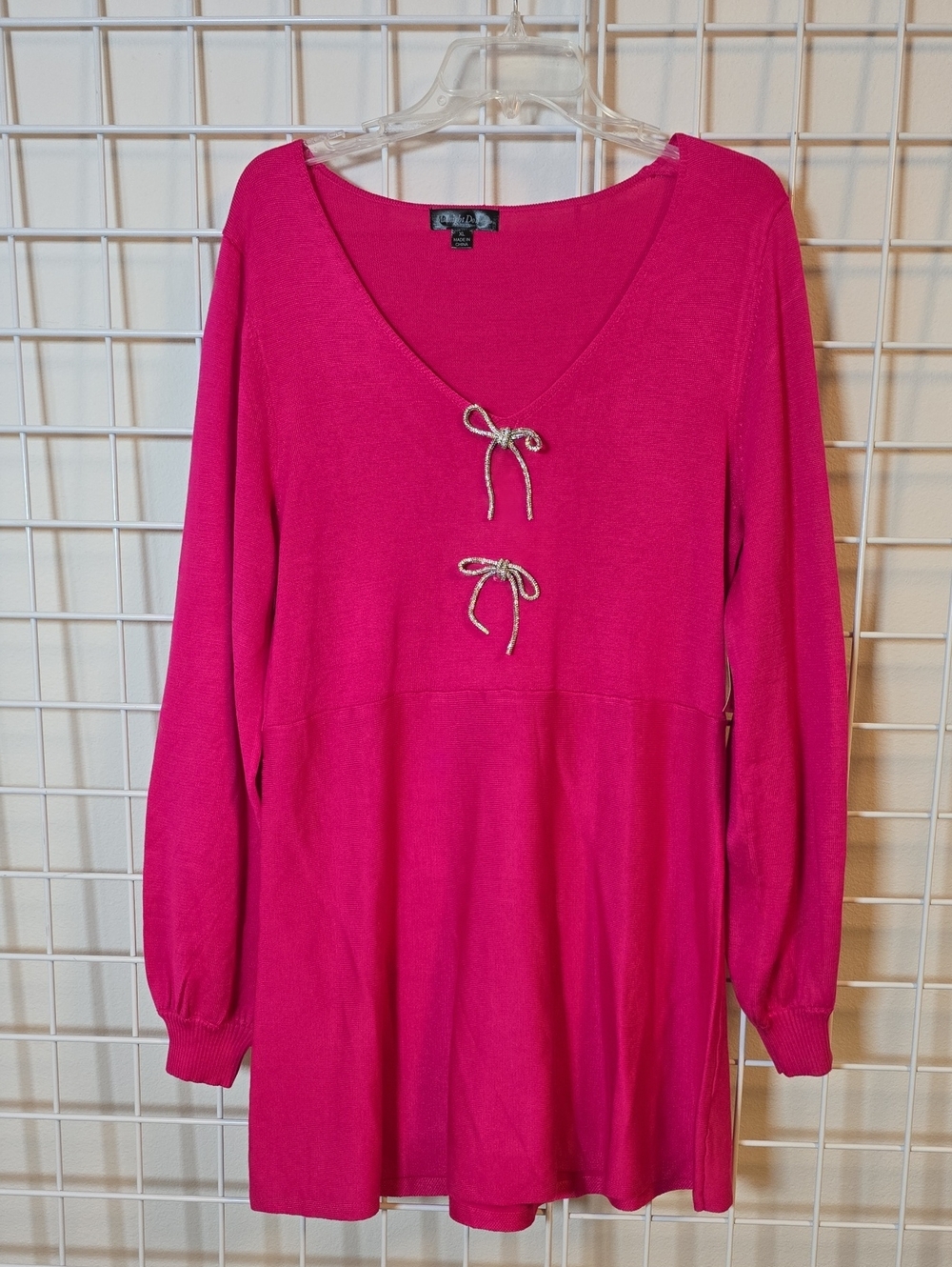 Midnight Doll Hot Pink  V-Neck Mini Dress with Rhinestone Bow Detail Size XL NWT